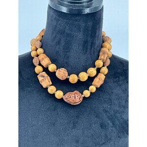 Vintage Wooden Beaded Necklace With Carved Faces &‎ Textured Beads Approximately